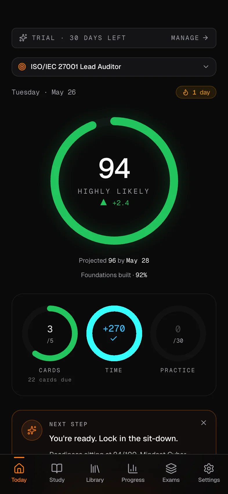 Mindset Prep Today screen on iPhone — a green readiness arc showing 94 HIGHLY LIKELY with 'You're ready. Lock in the sit-down.'