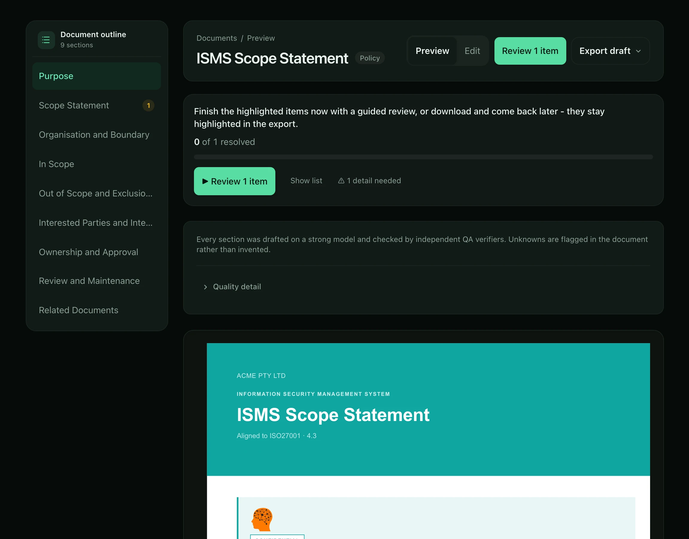 PolicyMint document workspace showing a finished ISO 27001 document with guided review status and a branded preview.