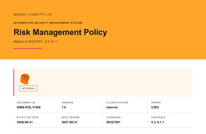 A PolicyMint-drafted ISO 27001 Risk Management Policy, customised for a business.